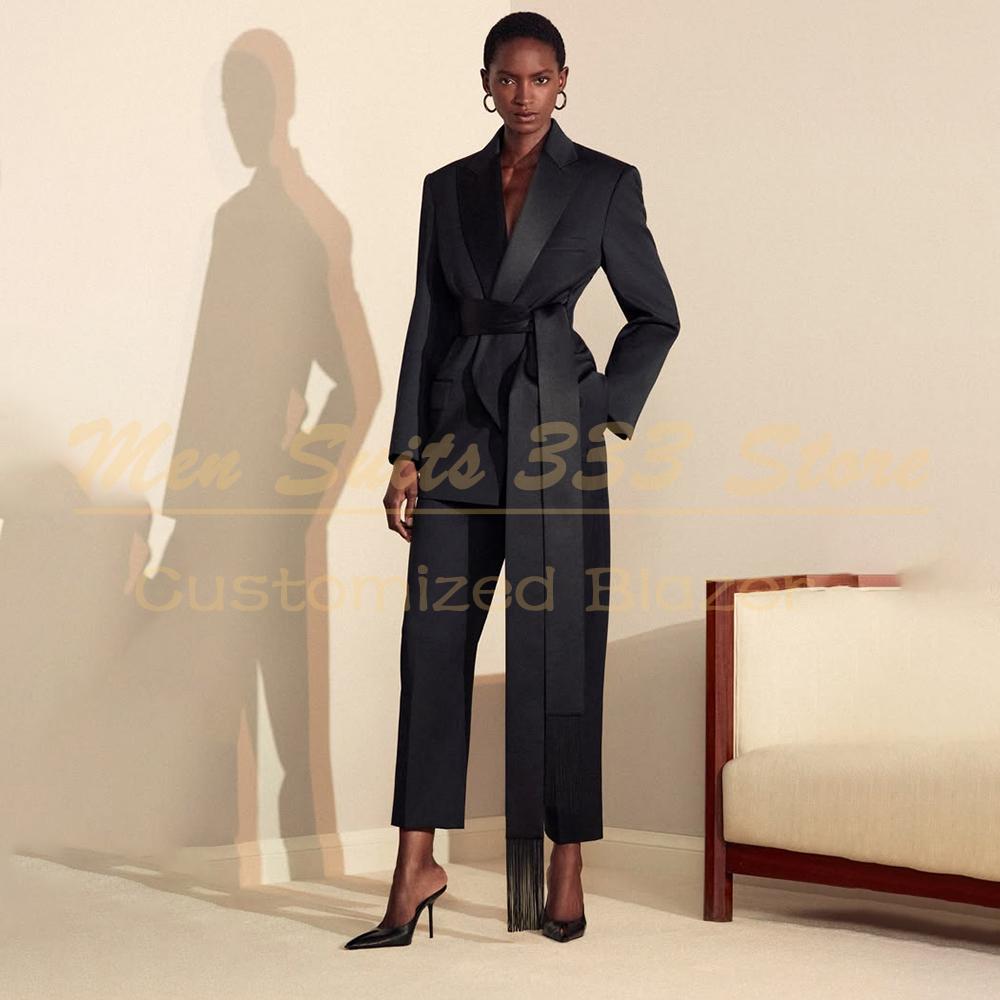 Men'S Fashion All Black Outfit - Black Belted Women's 2 Piece Suits